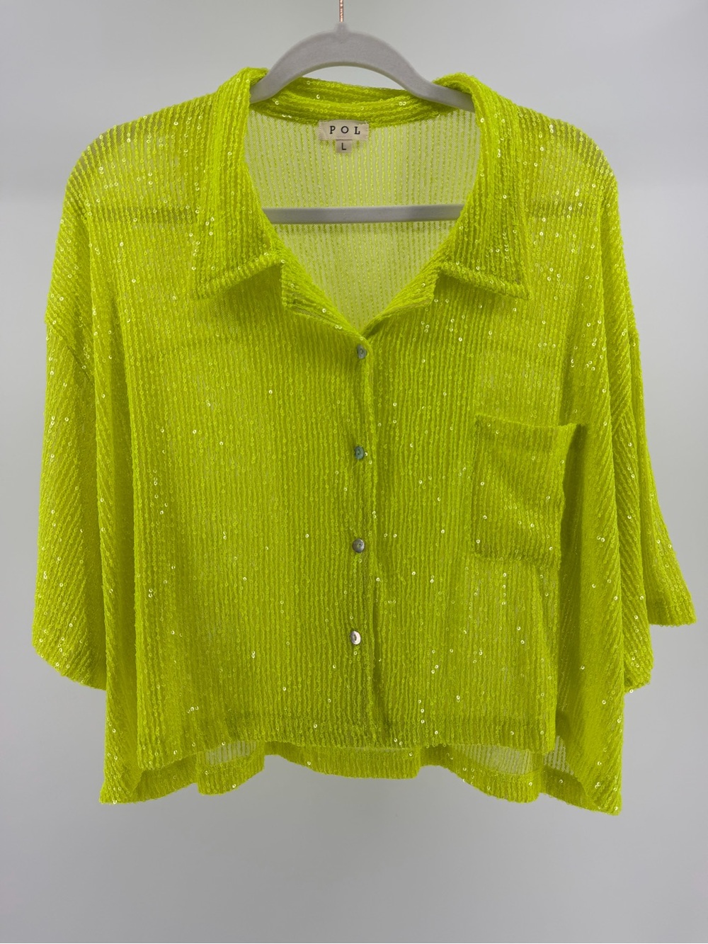 POL Neon Yellow Green Sequin Boxy Button-Down Top, Women's Large